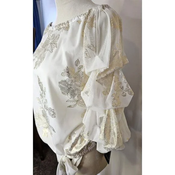 MSK Metallic Lantern-Sleeve Off-The-Shoulder Top Size PL Blouse Fancy Wedding - Picture 4 of 10